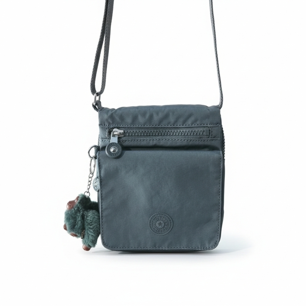 Kipling Small Green Nylon Crossbody Bag w Monkey Keychair Mini Travel Purse
